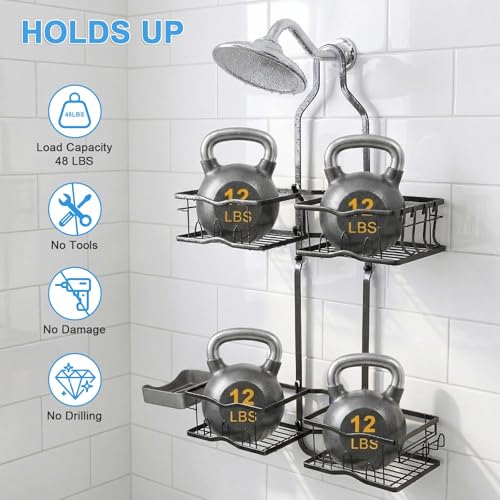 Shower Caddy Hanging Organizer, Rustproof Shower Organizer Hanging for Handheld Showerhead with Hooks for Razor/Sponge, Bathroom Caddy Rack Shower Shelves for Shampoo Soap Towels, Black - color: Black