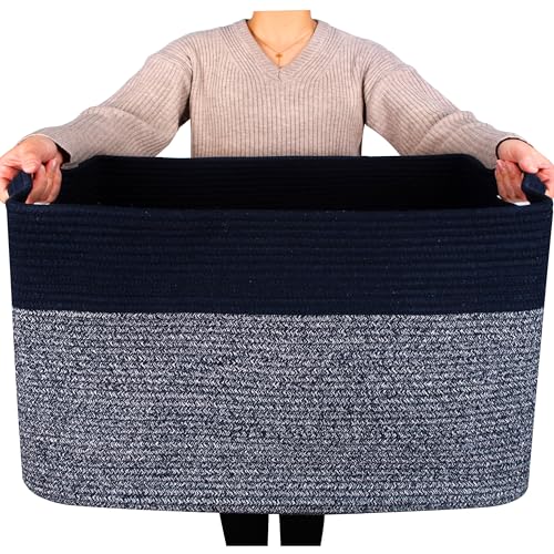 MINTWOOD Design 22in Extra Large Blanket Basket Holder for Living Room, Rectangle Rope Woven Storage Bin with Handles for Laundry, Pool Towels, and Shoes, Dog Toy Box Organizer, Navy Blue - color: Navy Blue