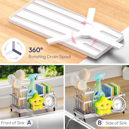 SWTYMIKI Sink Caddy Sponge Holder - Large Sponge Holder for Kitchen Sink with 360°Auto-Drain Tray, Rustproof Stainless Steel Kitchen Organizer Caddy for Countertop Organization - color: Silver-basket