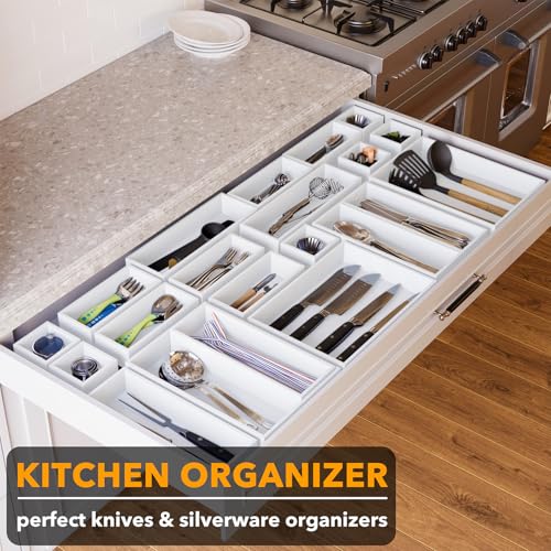 SpaceAid 21-Piece Bamboo Drawer Organizer Storage Boxes Set, Wood Tray Junk Drawer Organizers Multi-Use Divider Bins for Kitchen, Bathroom, Office Desk and Makeup Organization (21 Pack, White) - color: White