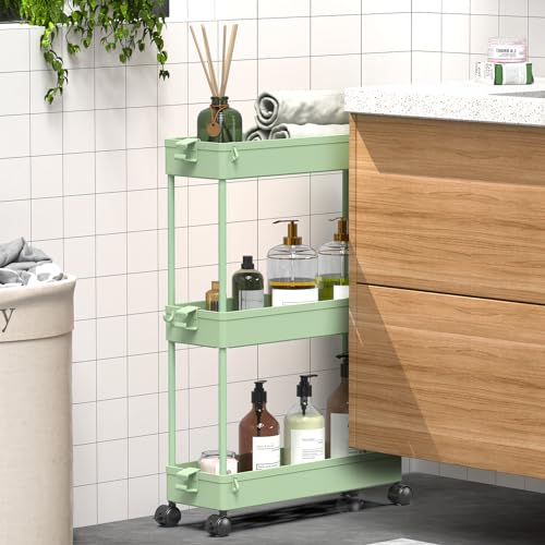 SPACEKEEPER Slim Rolling Storage Cart, 3 Tier Bathroom Organizer Utility Cart Laundry Room Organization Mobile Shelving Unit for Kitchen, Bathroom, Office, Bedroom, Narrow Places, Green - color: Green