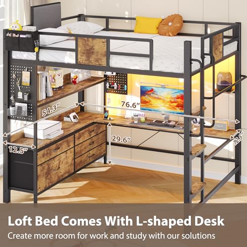 Dnxao Full Loft Bed with Desk and 5 Storage Drawers, 800lb Capacity Heavy Duty Metal Bed Frame for Adults & Teens, LED Lights, Charging Station, Pegboard & Shelves, Rustic Brown | Clothes Rack - color: Rustic Brown, size: Full loft bed with 5 drawer