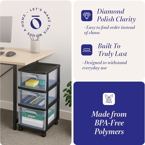 HOMZ 2-Pack Drawer Tower, 3-Tier Clear Plastic Storage Organizer Cart, Black Frame - Organizing Containers with Wheels for Home, Bathroom, Bedroom, Office, and Classroom - color: Black, size: 2 Pack