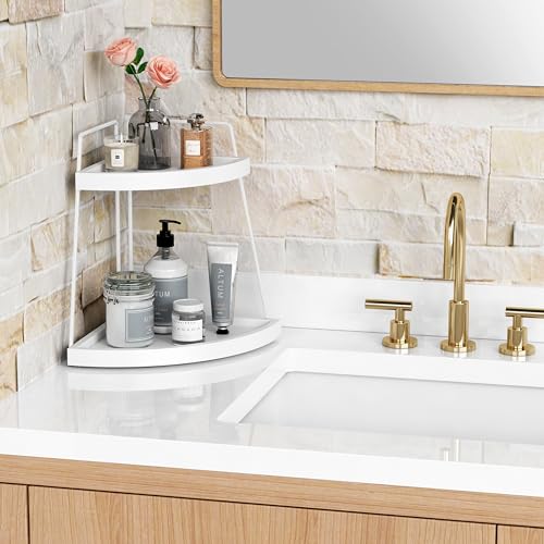 Forbena White 2 Tier Corner Bathroom Counter Organizer, Bathroom Countertop Shelf Organizer for Kitchen Sink, 2 Tier Makeup Vanity Tray for Dresser Tops Decor, Corner Shelf for Girls Bedroom (White) - color: White-white