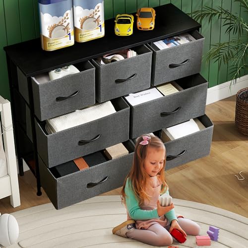 Dresser for Bedroom, 7 Storage Drawers, Anti-Tip Wide Fabric Closet Chests Organizer Tower Furniture, TV Stand for TV up to 45 inch with Wooden Top Metal Frame for Clothes, Living Room - color: Grey, size: 11.8"D x 39.3"W x 30.3"H (7 Drawers)