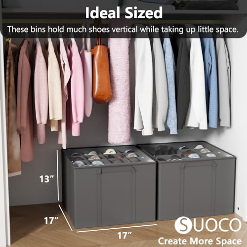 SUOCO 2 Pack Shoe Organizer for Closet, Fits up to 32 Pairs, Small Space Shoe Storage Boxes Bins Containers w/Adjustable Dividers and Clear Top, Grey - color: Grey