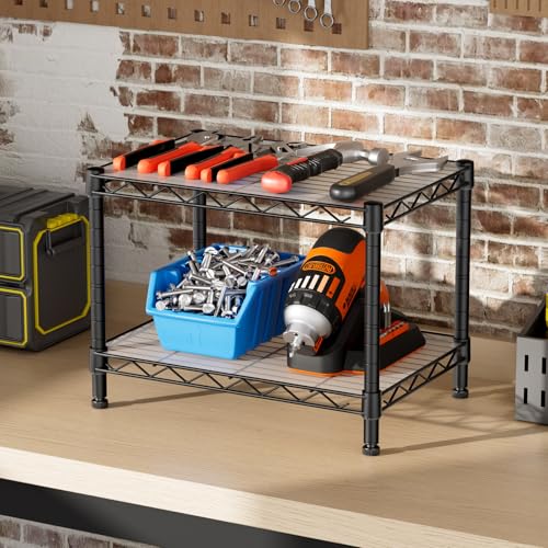 SINGAYE 2 Small Wire Shelves Kitchen Pantry Close Home Organizers and Storage Bathroom Shelf Laundry Room Organization Adjustable Book Metal Garage Shelving Unit - color: Black, size: 2-Tier 11.8"D X 17.3"W X 12.2"H