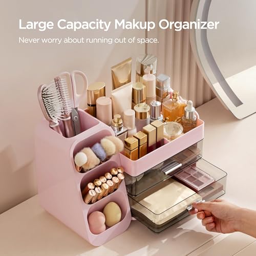 HBlife Makeup Organizer with Brush Holder for Vanity, Large Plastic Bathroom Countertop Organizer Skin Care Storage, Easy to Store Lipsticks, Nail Polishes, Perfumes, Eyeshadow Palettes, Pink - color: Pink, size: Large