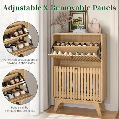 Jluomei Narrow Shoe Cabinet Storage for Entryway, Modern Cabinet Rack with 2 Flip Drawers, Slim Wood Fluted Entry Way Shoe Organizer, Wooden, Small, Farmhouse, Freestanding, Natural Oak (39.4 Inch) - color: Natural