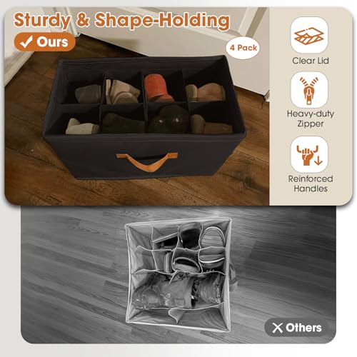 4-PackShoe Organizer for Closet, Foldable Shoe Storage Box with Adjustable Dividers & Clear Cover, Fits 32 Pairs, Black, Durable and Space-Saving - color: Black, size: 4 Pack