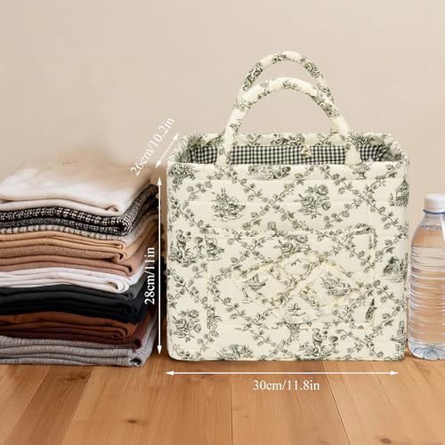 Quilted Fabric Basket Foldable Car Storage Boho Floral Laundry Basket Hamper for Nursery Bedroom & Living Room | Organize Clothes Toys - color: Green French Country