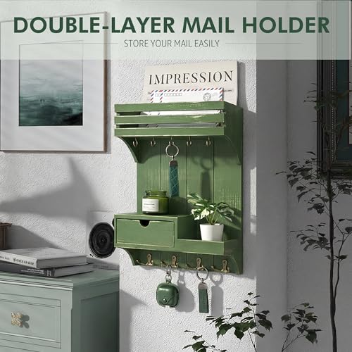 Rebee Vision Pine Wood Key Holder Wall Mount with Small Drawer Organizer - Wall Mounted Mail Organizer & Key Holder with 9 Hooks for Home Decor - Ideal for Entryway, Hallway, and Bedroom (Green) - color: Green, style: Small Drawer