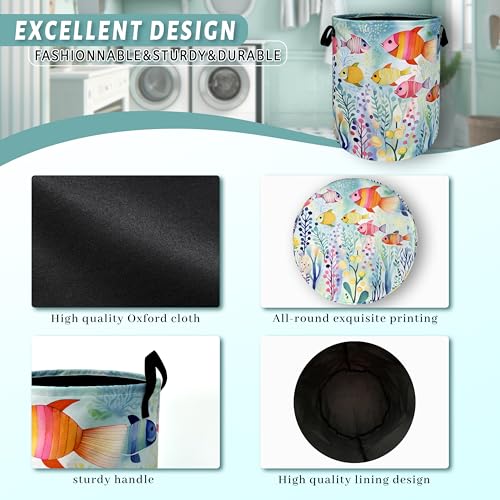 Watercolor Fish Laundry Basket Foldable With Handles Cute Fishes Tote Bag Oxford Cloth Colorful Laundry Hamper Clothes Storage Bucket Toy Organizer For Bathroom/Laundry/Bedroom 18.9"x16.5 " - color: Watercolor Fish Hand Drawn Fishes