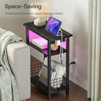 HOOBRO Narrow Side Table with Charging Station and LED Light, Small End Table with Storage, Skinny Nightstand with USB Port, Slim Bedside Table for Small Spaces, Living Room, Black BB242UDBZ01 - color: Black