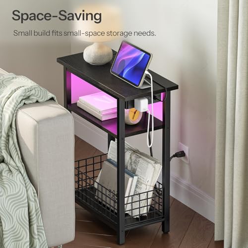 HOOBRO Narrow Side Table with Charging Station and LED Light, Small End Table with Storage, Skinny Nightstand with USB Port, Slim Bedside Table for Small Spaces, Living Room, Black BB242UDBZ01 - color: Black