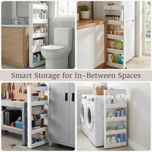 Slim Rolling Storage Cart - 5-Tier Utility Cart with Wheels for Bathroom, Kitchen, and Laundry Room - Bathroom Shelves by Lavish Home (White) - size: 5-Tier