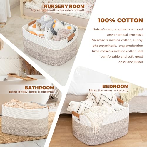 danpinera 108L Large Blanket Basket for Living Room, Woven Storage Basket with Leather Handles, Cotton Rope Storage Organization in Nursery for Toys & Clothes 25 ''* 16 ''*16 '', Gradient Brown - color: Gradient Brown, size: 108L