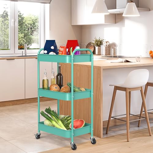 3-Tier Rolling Metal Storage Cart with Wheels, Multi-Functional Organizer for Office, Kitchen, Bathroom, Books Diapers - Easy Assembly (Blue) - color: Blue