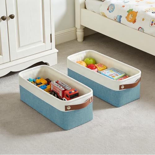 Bagnizer Small Fabric Storage Baskets, 15x6x5 inch Narrow Storage Bins 4-Pack Long Storage Basket for Organizing with Handles, Decorative Basket for Closets, Shelves, Toilet Paper, Teal - color: Teal / Off-White, size: Narrow-15"x6"x5"