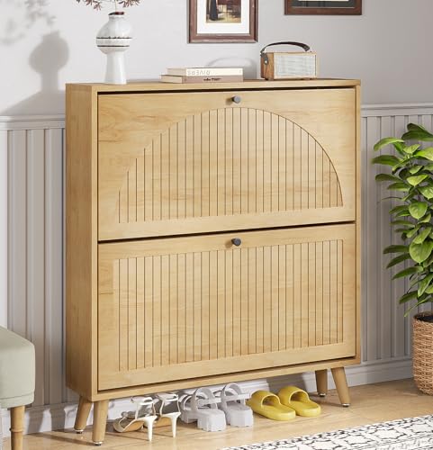 Fsbecl Shoe Storage Cabinet for Entryway with 2 Flip Drawers, Narrow Wood Shoe Cabinet with Fluted Panel, Freestanding Hidden Shoe Organizer for Foyer, Hallway (Wood Color - No Shelf) - color: Wood Color - No Shelf