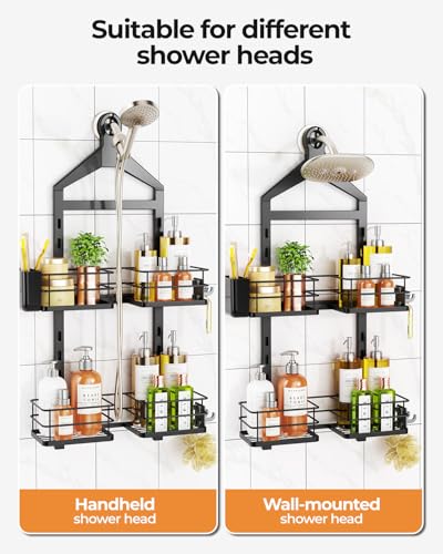 ODesign 2 Tier Height-Adjustable Shower Caddy Hanging Anti-Swing-Over The Shower Head Caddy Storage Organizer Bathroom Shelves Basket-Black - color: Black, size: 2 Tier