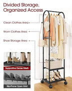 Sakugi Heavy Duty Premium Clothes Rack with 2-Tier Mesh Shoe Shelves & 4 Hooks, Lockable Wheels, Space-Saving, Multi-Functional for Bedroom, Entryway, Closet, Modern Design, 18.4" x 12.6" x 72", Black - color: Black