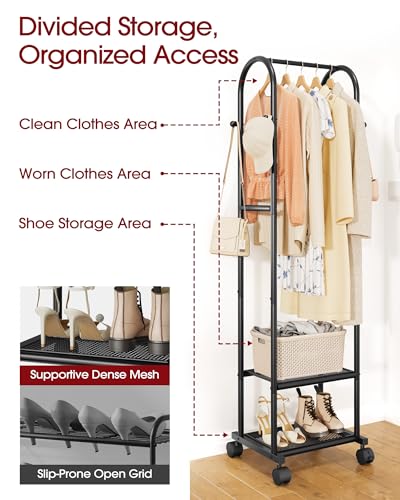 Sakugi Heavy Duty Premium Clothes Rack with 2-Tier Mesh Shoe Shelves & 4 Hooks, Lockable Wheels, Space-Saving, Multi-Functional for Bedroom, Entryway, Closet, Modern Design, 18.4" x 12.6" x 72", Black - color: Black