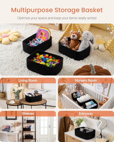 Small Woven Basket, 13.5 x 9.5 x 5 Inches, Storage Basket for Organizing, Cute Small Rope Shelf Closet Cube Storage Bins Baskets for Shelves, Dog Toy Gift Baskets Empty, 3 Packs, Black - color: Black, size: 13.5"L x 9.5"W x 5"H