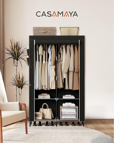 CASAMAYA Portable Closet, 34 Inch Large Capacity Wardrobe Closet with Cover, Clothes Storage Organizer with Shelves and 2 Hanging Rods, Easy to Assembly, Black PCT202B01 - size: 34"L x 17.7"W x 70.9"H