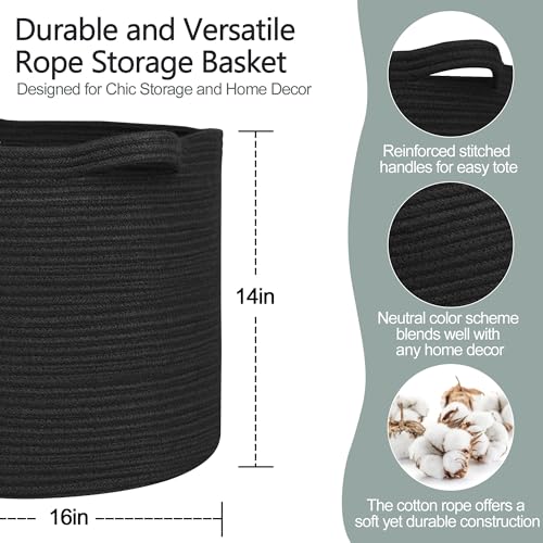 MEGASKET Large Black Storage Basket, 16" x 14" Cotton Rope Baskets for Storage, Blanket Storage Living Room, Big Woven Laundry Basket, Dog Kids Toy Box Organizer, Round Floor Shoe Towel Bin - color: Black