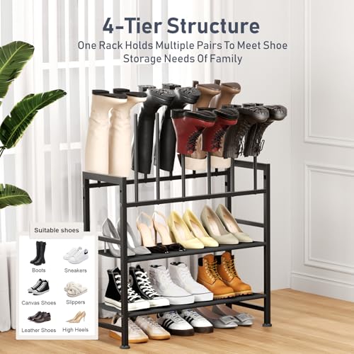 DIMJ Boot Rack 4-Tier - Black Metal Boot Storage Rack for Tall Boots Organizer Tall Boots, Multiuse Shoe Rack for Boots, Sneakers, High-Heel, Entryway, Fits 6 Pairs - size: 4 Tier - 6 Pairs