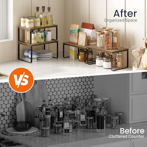 HOOBRO Cabinet Organizer Shelf, Set of 4 Kitchen Counter Shelves, Expandable Kitchen Storage, Stackable Bamboo Spice Rack, for Kitchen, Countertop, Office Desk, Bathroom, Mocha and Black CB30TLP201 - color: Mocha, Black
