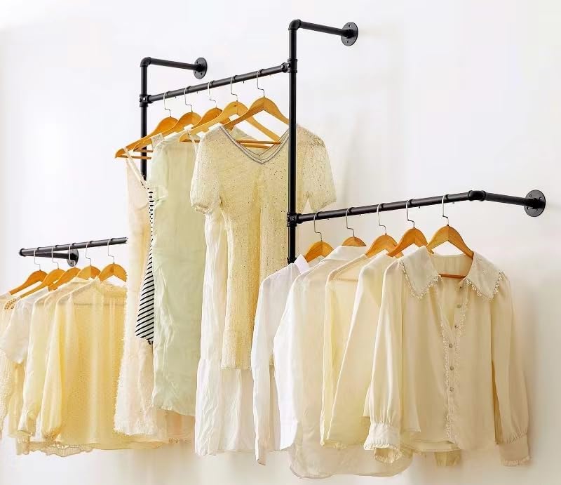Industrial Pipe Clothing Rack Wall Garment Rack with Pipe Clothes Rails, Heavy Duty Clothes Hanging Rods Space-Saving Closet Organizer (Wall Clothing Rack-3 Hanging Rods) - style: wall clothing rack-3 hanging rods