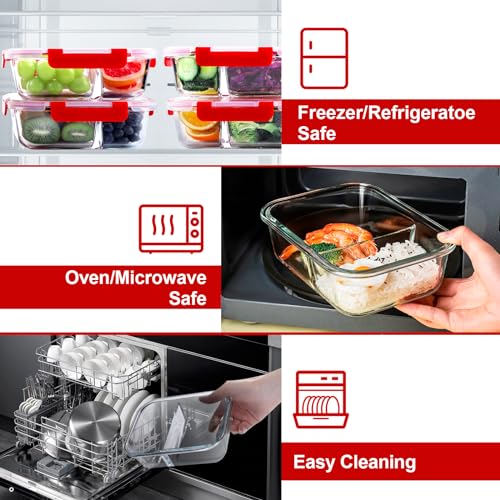 VERONES 5 Pack Glass Meal Prep Containers 2 Compartment Set, 36OZ Airtight Glass Lunch Containers, Glass Food Storage Containers with Lids, for Microwave, Oven, Freezer & Dishwasher Friendly,Red - color: Red