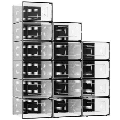 Foluck X-Large Shoe Storage Box, 15 Pack Clear Plastic Stackable Shoe Organizer for Closet, Interlocking Design Shoe Container Bins for Sneakers, Foldable Shoe Rack with Lids, Black - color: Black