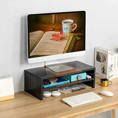 TEAMIX 2 Tiers Desktop Monitor Stand Riser 20 Inch Printer Stand with Storage Small TV Riser Laptop Wooden Desk Organizer Shelf Bookshelf (Black+Brown, 2 tiers) - color: Black+Brown