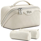BOYATU Travel Makeup Bag for Women: Cosmetic Organizer Bag with Compartments - Leather Make up Bags Set of 3 (G-2-White) - color: G-2-White