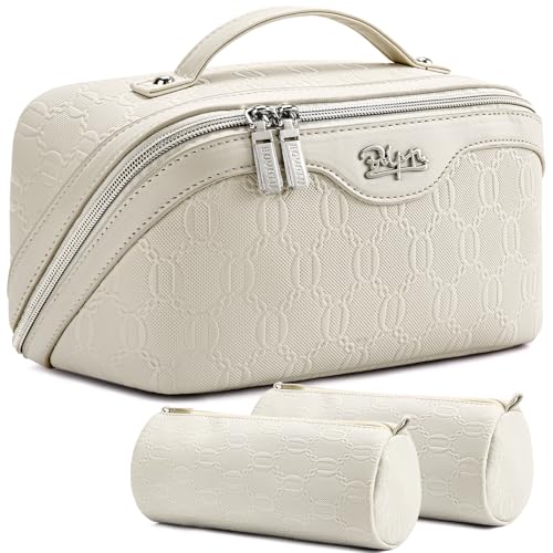 BOYATU Travel Makeup Bag for Women: Cosmetic Organizer Bag with Compartments - Leather Make up Bags Set of 3 (G-2-White) - color: G-2-White