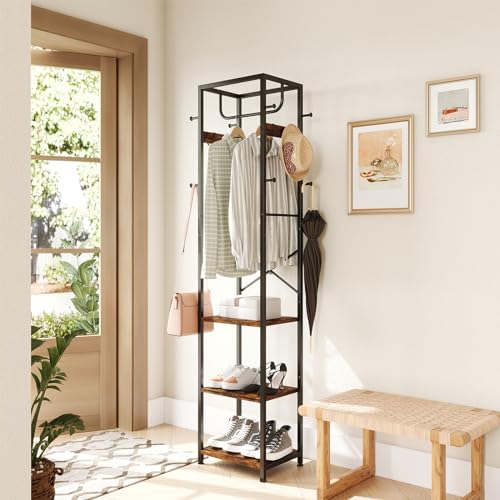 ELYKEN Coat Rack Freestanding, Hall Tree with 3 Storage Shelves and 12 Hooks, Industrial Clothes Rack Stand Organizer for Bedroom, Hallway, Entryway, Office, Living Room, Rustic Brown - color: Rustic Brown