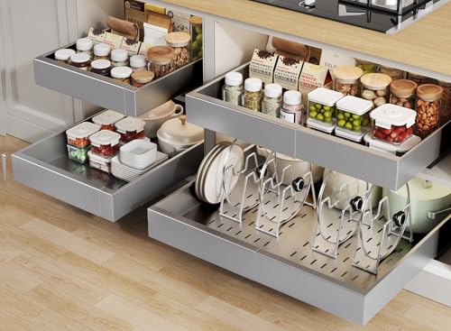 Seinloes 4 Pack Pull out Cabinet Organizer 21"Deep With Raising Pad for Framed Cabinets, Expandable Slide out Drawers for Kitchen Cabinets with 4pcs Divider Racks,Roll out Shelves 12.1"-20.4" W Silver - color: Silver, size: 12.1"-20.4"W x 21"D(4Pack)