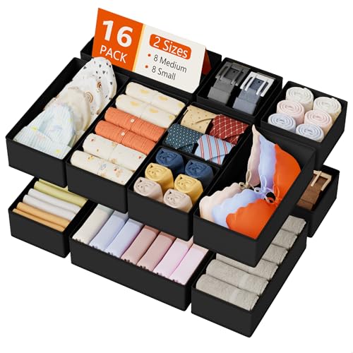 DIMJ Drawer Organizer Clothes Storage - 16 Pack Baby Dresser Organizer for Nursery, Foldable Drawer Dividers for Bedroom Closet Organization, Fabric Storage Bins for Socks, Underwears, Bras - color: Black