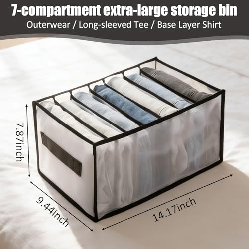 1 Pack Wardrobe Clothes Organizer, Clear Drawer Organizer with 7 Grids Divider for Clothing Jeans, Closet Bedroom Dorm Room, Black - color: 7 Grids Black