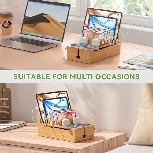 Pezin & Hulin Cell Phone Charging Station for Multi Devices, All in One Desktop Charger Organizer, with Power USB Charge Adapter and 6 Cables, Use As Power Strip Hidden Box -Natural Bamboo Color - color: Natural