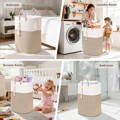 Woven Laundry Basket for Clothes, 50L Large Rectangle Laundry Hampers with Beads Tassel, Nursery Storage Basket for Toys, Tall Dirty Clothes Hamper for Bedroom Aesthetic, Laundry Room Organization - color: Brown, size: 50L