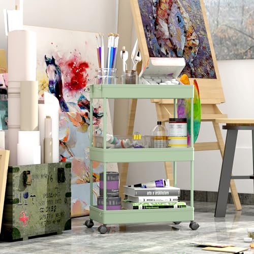 SPACEKEEPER Green 3-Tier Rolling Storage Cart, Bathroom & Kitchen Organizer, Modern Plastic Frame, Adjustable Shelves - color: Green, size: 3 Tier