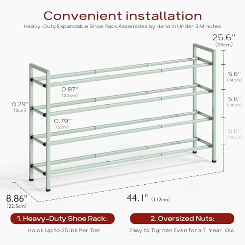 Bumusty 4-Tier Long Expandable Shoe Rack for Closet, 18"-44" Adjustable Shoe Rack for Entryway, 20-24 Pairs Large Shoe Organizer Shelf Storage, Sturdy Metal, Green - color: Green, size: 4-Tier
