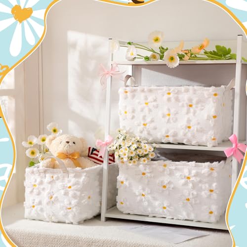 Kathfly Daisy Storage Baskets Plush Faux Fur Jacquard Design Laundry Basket with Handles Waterproof Flower Storage Bins Fabric Shelf Baskets for Organizing Closet Clothes - style: Daisy