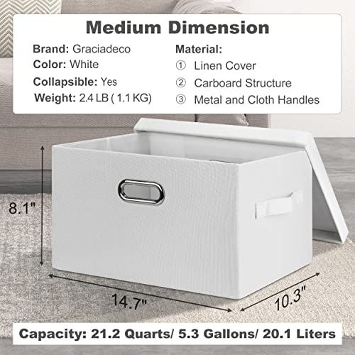Graciadeco Medium 15" 21 Quart Collapsible Stackable Storage Bins with Lids, 3 Packs White Foldable Fabric Closet Boxes Heavy-duty Linen Cube Baskets Container for Bedroom Office (15 x 11 x 8) - color: White, size: Medium -3 Pack