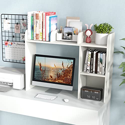Tangkula Desktop Bookshelf, Countertop Storage Hutch with 5 Shelves for Computer Desk, Desk 3-Tier Display Rack, Multipurpose Wood Desktop Hutch Storage Organizer for Dorm Office Home - color: White, size: 5 Shelves