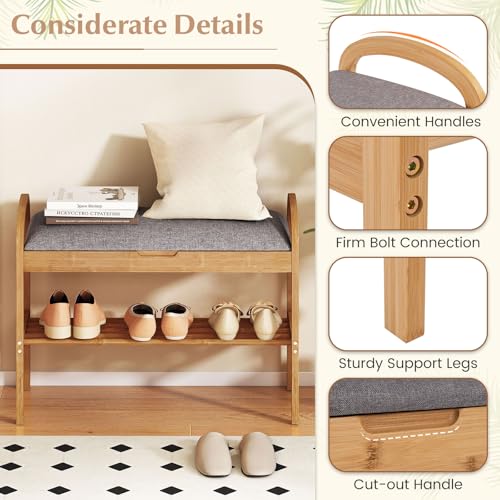 Giantex Shoe Bench with Flip-Top Storage, Bamboo 2-Tier Entryway Bench with Padded Cushion, Shoe Rack Bench for Hallway, Closet, Foyer, Living Room, Bedroom, Mudroom (with Flip-Top Storage) - size: 12.5"D x 27.5"W x 20"H（With Flip-Top Storage）